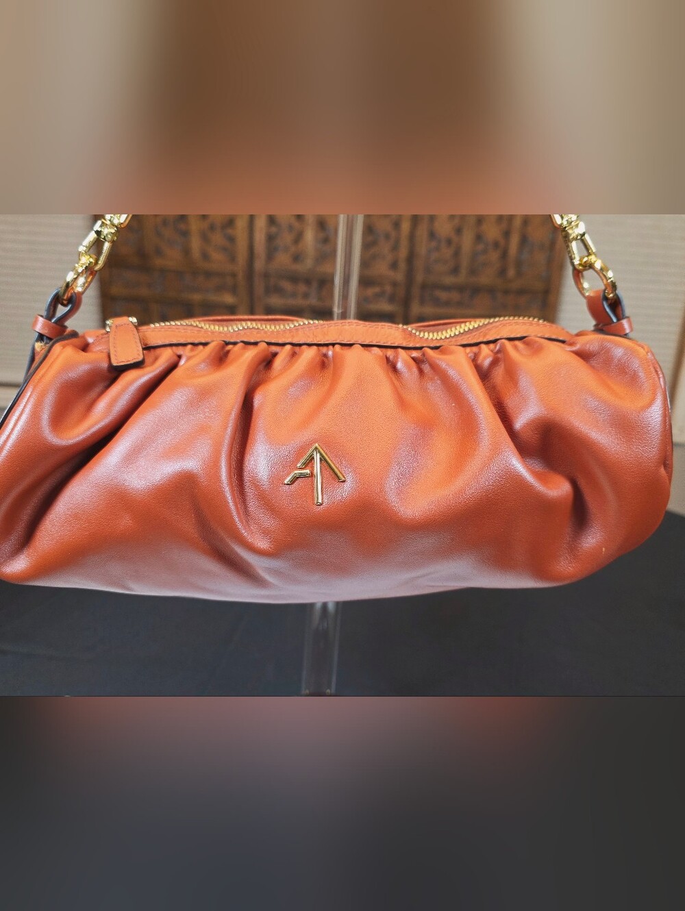 Manu Atelier Cognac Ruched Leather Shoulder Bag - Picture 3 of 16